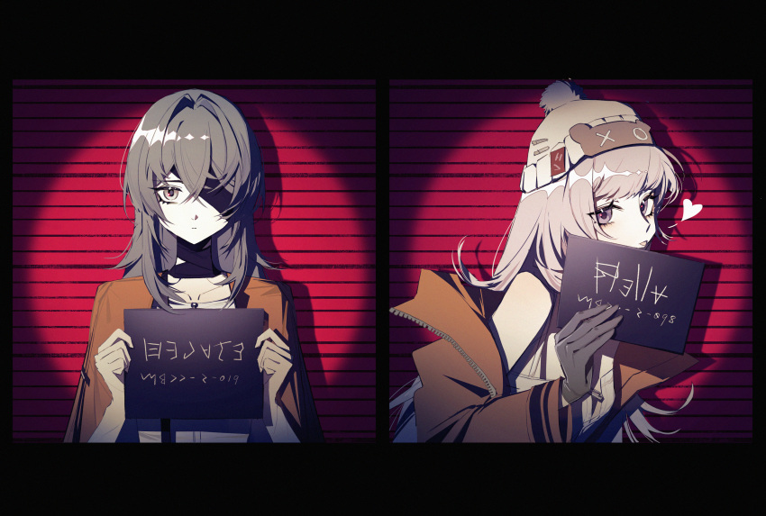 2girls, :p, bandaged_neck, bandages, barbie_mugshot_(meme), bare_shoulders, beanie, black_bandages