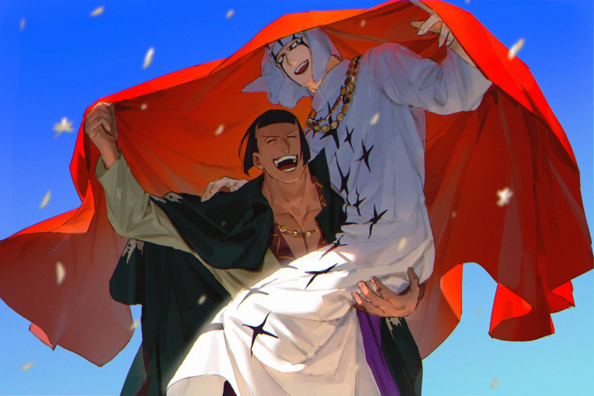 2boys, blue_sky, cape, carrying, chaka_(one_piece), closed_eyes, commentary_request, dress