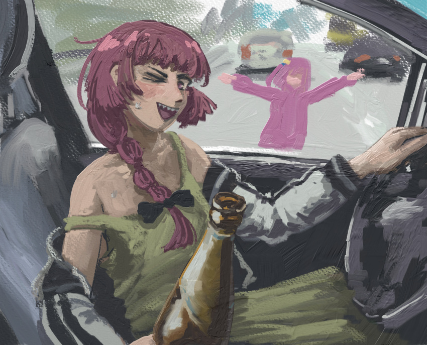 2girls, ;d, alcohol, black_jacket, bocchi_the_rock!, bottle, car, car_interior