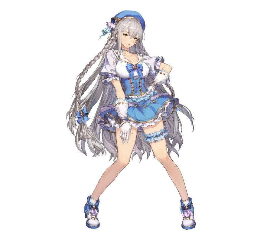1girl, beret, blue_bow, blue_bowtie, blue_headwear, bow, bowtie, braid, breasts, brown_dust_2, dress, elbow_gloves, frilled_dress, frills, full_body, gem, gloves, granhildr_(brown_dust), grey_hair, hair_between_eyes, hand_on_own_hip, hand_on_own_thigh, hat, idol, jewelry, large_breasts, legs_apart, long_bangs, long_hair, looking_at_viewer, necklace, official_art, open_mouth, second-party_source, shirt, simple_background, solo, thigh_scrunchie, very_long_hair, white_background, white_footwear, white_gloves, white_shirt, yellow_eyes