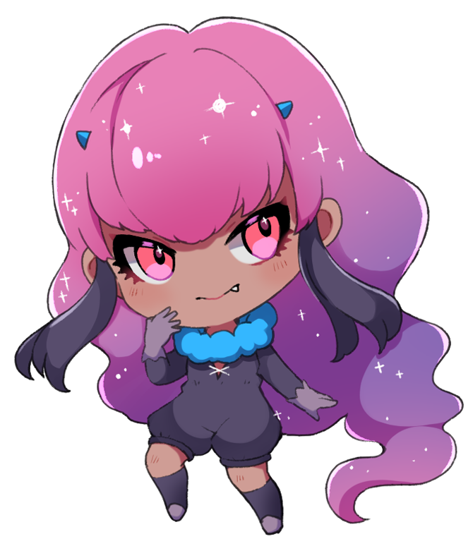 1girl, black_hair, black_jumpsuit, blue_horns, chibi, closed_mouth, daedream, dark-skinned_female