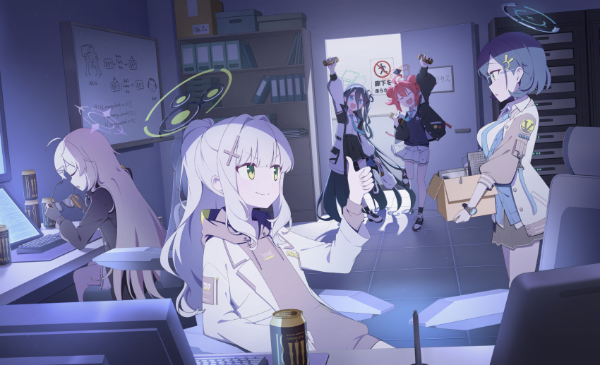 5girls, ahoge, aris_(blue_archive), black_hair, black_hoodie, black_jacket, black_skirt, blonde_hair