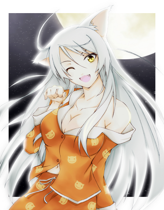 ahoge, animal_ears, bakemonogatari, breasts, cat_ears, cat_pose, cleavage, cofi_(eternal), eternal, fang, full_moon, hanekawa_tsubasa, large_breasts, long_hair, monogatari_(series), moon, navel, night, off_shoulder, pajamas, paw_pose, slit_pupils, solo, star, white_hair, wink, yellow_eyes