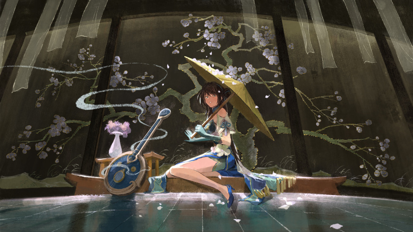 1girl, absurdres, bare_shoulders, black_hair, blue_eyes, blue_footwear, blue_gloves, branch, breasts, cape, chinese_clothes, clothing_cutout, dress, elyonlz, flower, folding_screen, from_side, gloves, hair_bun, hand_on_wall, hands_up, high_heels, highres, holding, holding_umbrella, honkai:_star_rail, honkai_(series), long_hair, looking_to_the_side, petals, ruan, ruan_mei_(honkai:_star_rail), short_sleeves, shoulder_cutout, side_slit, sideways_glance, single_hair_bun, sitting, smoke, solo, table, tassel, umbrella, vase, white_flower, wide_shot, wooden_floor