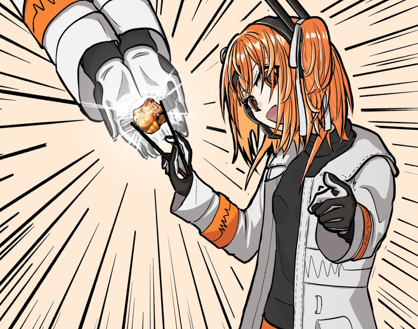 1girl, a.i._voice, adachi_rei, android, artificial_eye, black_gloves, brown_background, brown_outline, chopsticks, commentary_request, cupping_hands, emphasis_lines, fried_chicken, gloves, glowing_food, hair_ornament, hair_over_shoulder, hair_ribbon, hairclip, hand_up, head_tilt, headset, highres, holding, holding_chopsticks, jacket, kobutarou, lens_eye, long_hair, looking_at_viewer, mechanical_eye, meme, multiple_views, one_side_up, open_clothes, open_jacket, open_mouth, orange_eyes, orange_hair, out_of_frame, own_hands_together, pointing, pointing_at_viewer, radio_antenna, ribbon, ringed_eyes, smile, soko_no_omae!_lemon_ikko_ni_fukumareru_vitamin_c_wa_lemon_ikkobun_da_ze_(meme), two-tone_gloves, upper_body, utau, white_gloves, white_jacket, white_ribbon