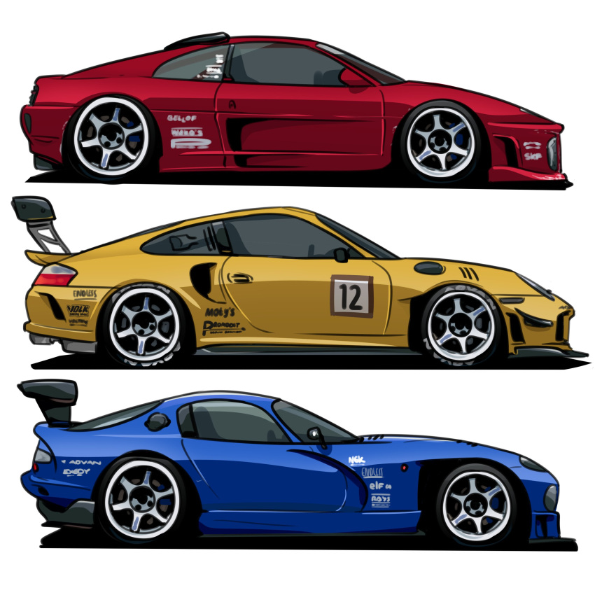 absurdres, advan, dodge_(company), dodge_viper, english_commentary, ferrari, ferrari_348_tb, from_side, highres, holeecrab, no_humans, original, pirelli, porsche, porsche_911, porsche_996, simple_background, spoiler_(automobile), vehicle_focus, white_background