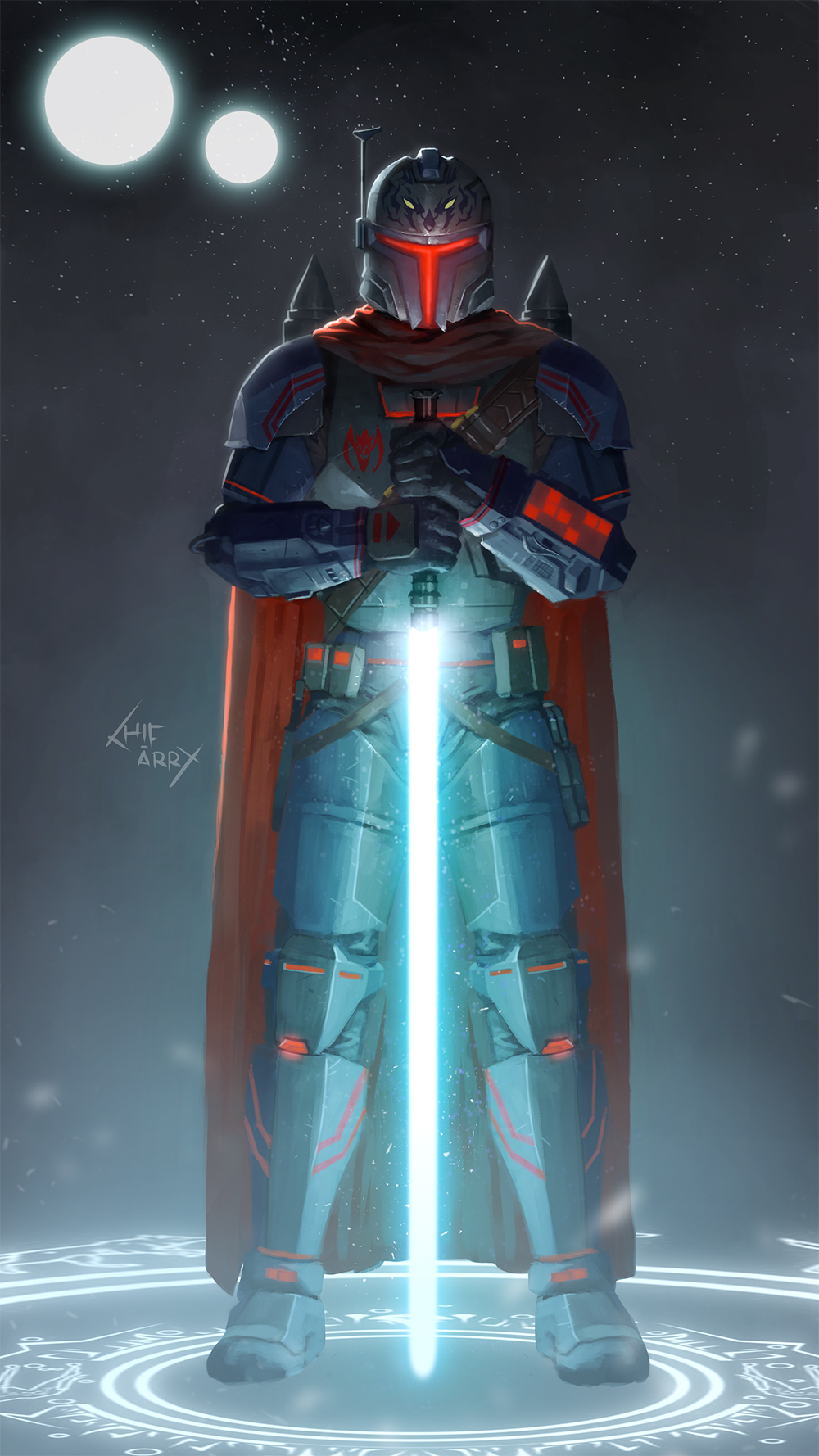 1boy, armor, artist_name, blue_lightsaber, cape, commission, energy_sword, full_body