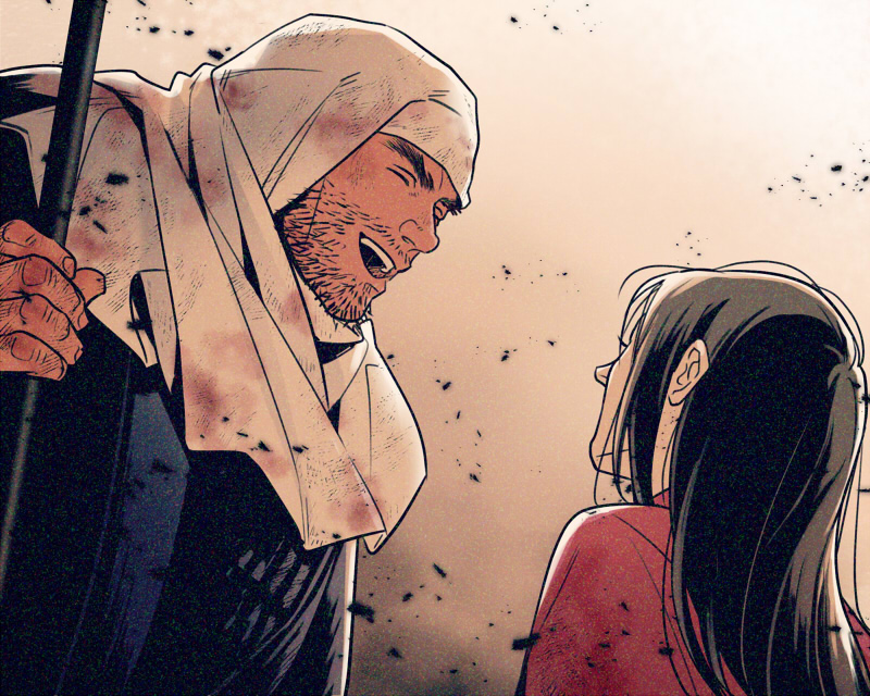 2boys, akatsuki_wo_tsugu, benkei, black_hair, closed_eyes, facial_hair, fingernails, galadecaras
