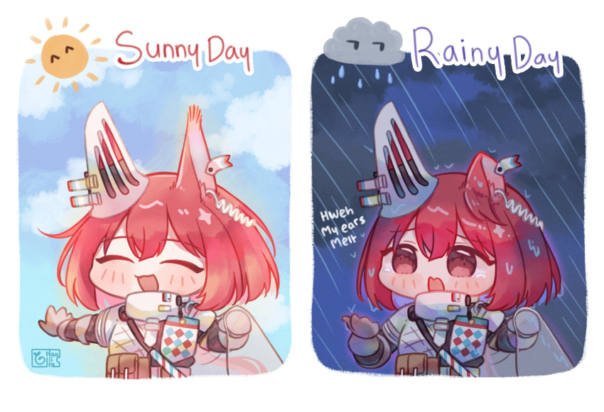 1girl, animal_ears, arknights, blush, closed_eyes, clouds, commentary, day