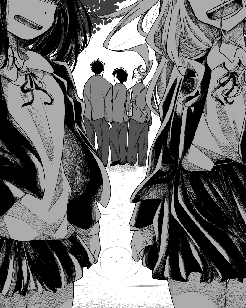 2girls, 3boys, aged_up, azuma_naoki, blazer, jacket, kirarazaka_marina, kuze_shizuka, long_hair, monochrome, multiple_boys, multiple_girls, pleated_skirt, school_uniform, short_hair, skirt, smile, takopii_no_genzai
