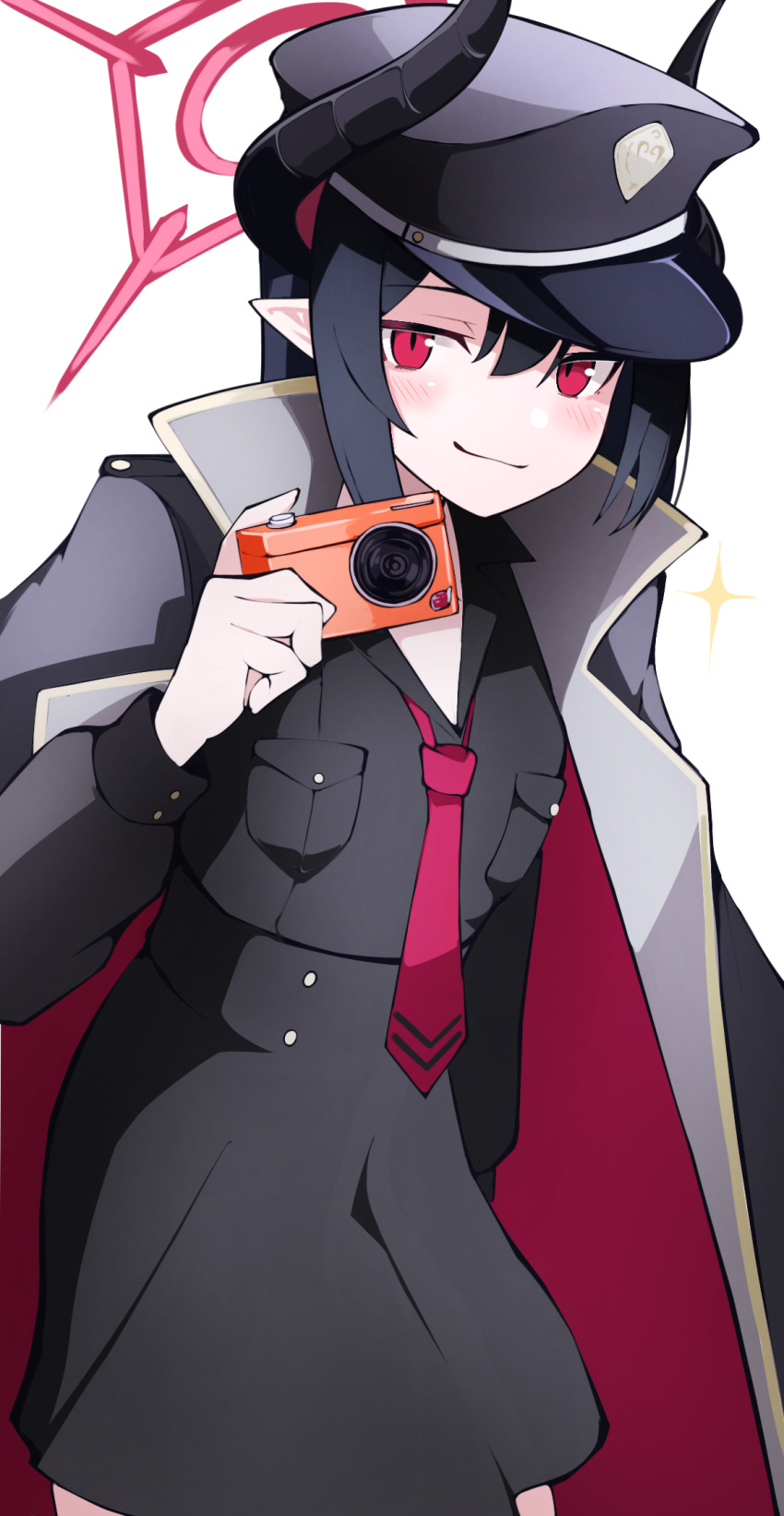 1girl, black_coat, black_dress, black_hair, black_headwear, black_horns, blue_archive, blush