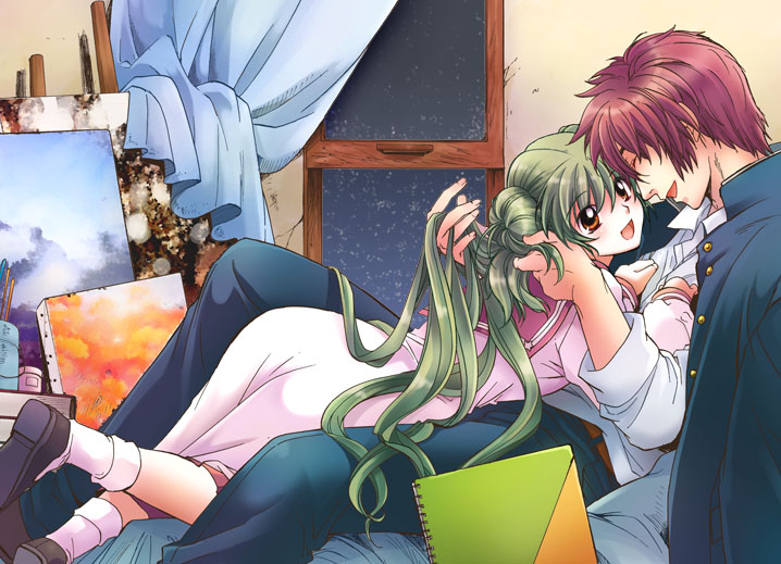 1girl, closed_eyes, couple, double_bun, green_hair, higurashi_no_naku_koro_ni, hinoen, kimiyoshi_natsumi, kitou_en, long_hair, lying, lying_on_person, on_person, open_mouth, orange_eyes, red_hair, redhead, short_hair, sitting, smile, toudou_akira