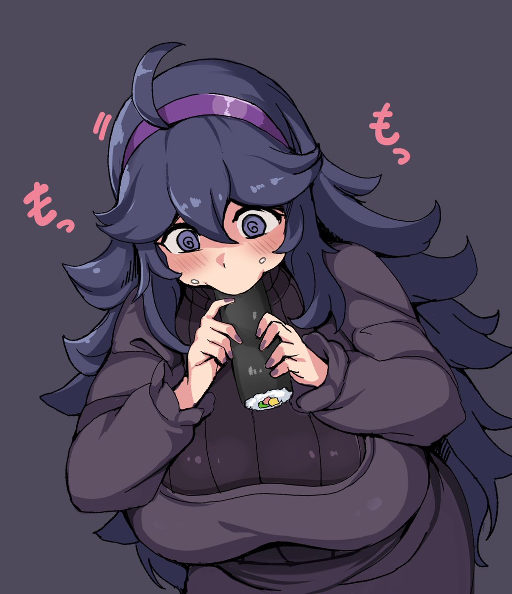 1girl, @_@, ahoge, alternate_breast_size, black_background, black_eyes, black_hair, blush
