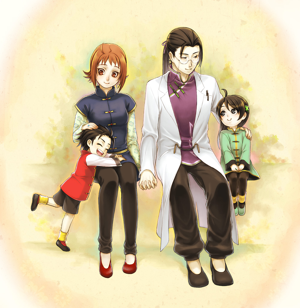 2girls, angela_(harvest_moon), black_hair, brown_eyes, brown_hair, chinese_clothes, couple, family
