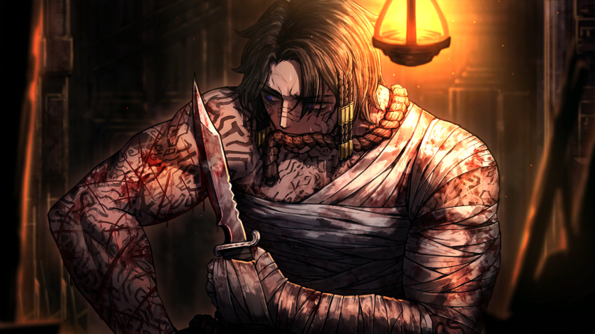1boy, bandaged_arm, bandaged_hand, bandages, blood, blood_on_knife, brown_hair, cuts