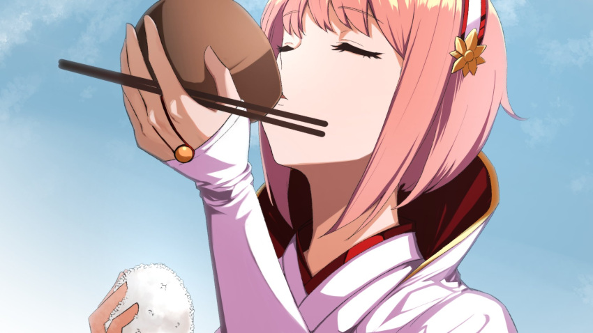 1girl, ahonoko, blue_sky, bowl, chopsticks, closed_eyes, drinking_from_bowl, fire_emblem