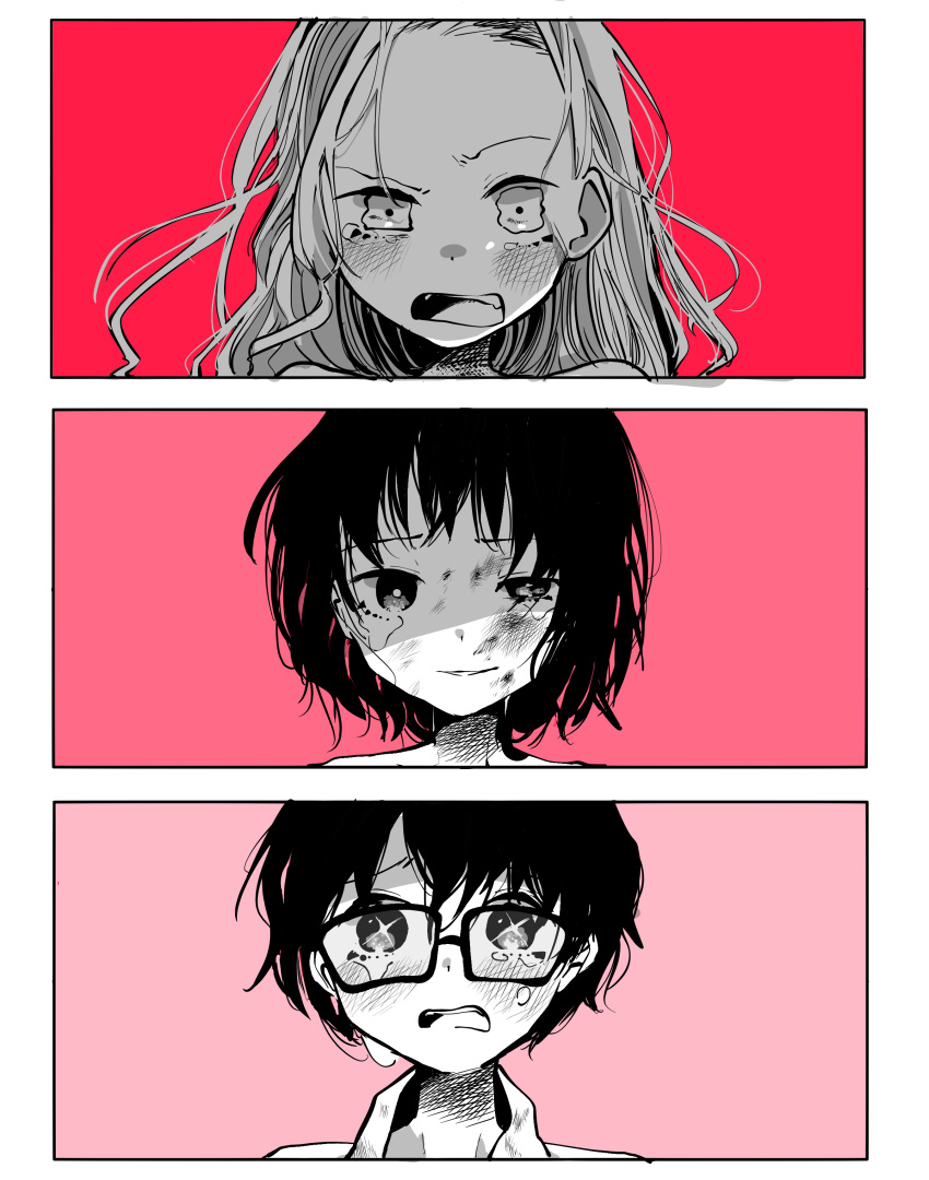 1boy, 2girls, absurdres, azuma_naoki, bangs_pinned_back, black_hair, bruise, crying