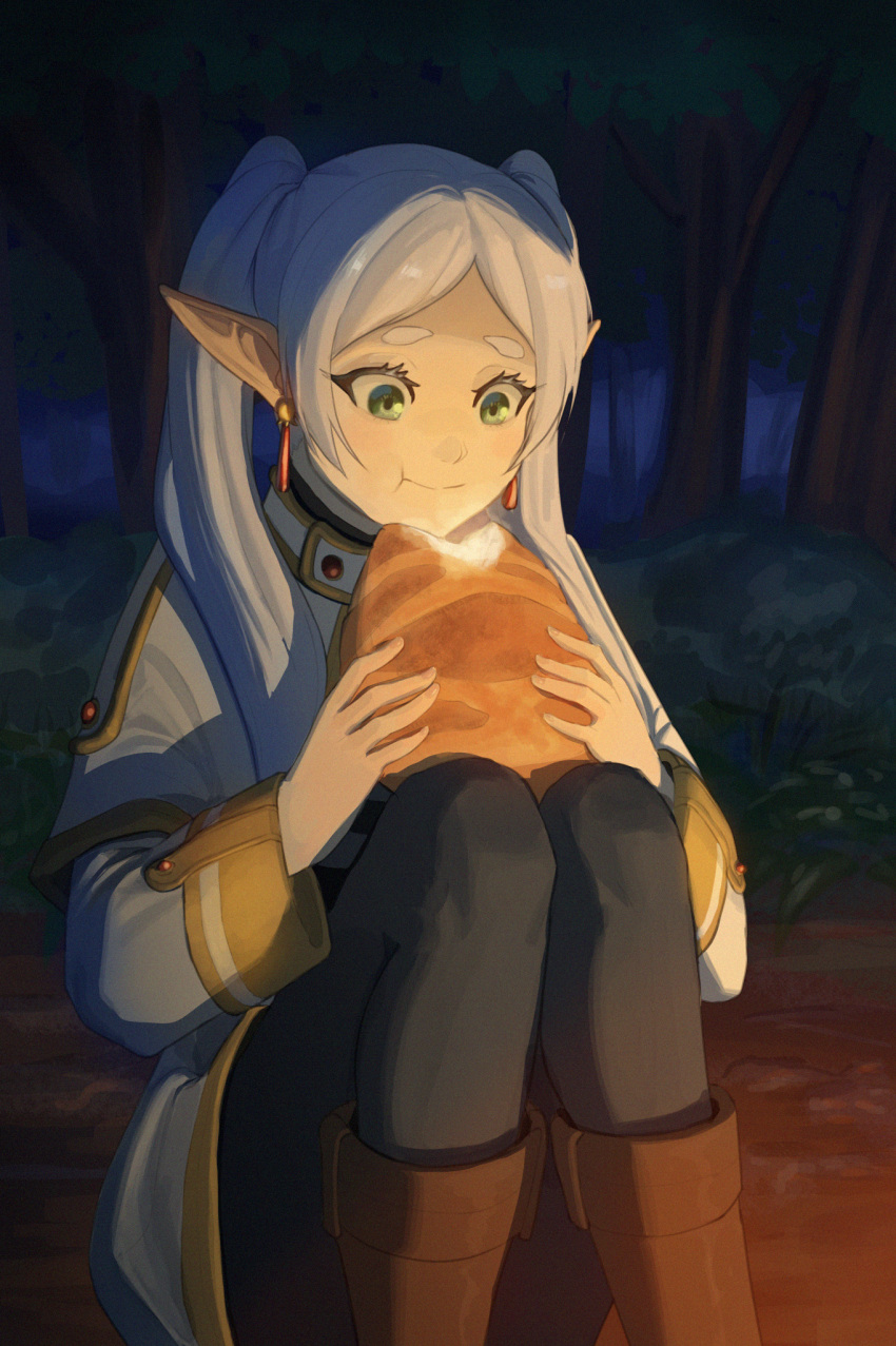 1girl, black_pantyhose, boots, bread, brown_footwear, capelet, closed_mouth, commentary