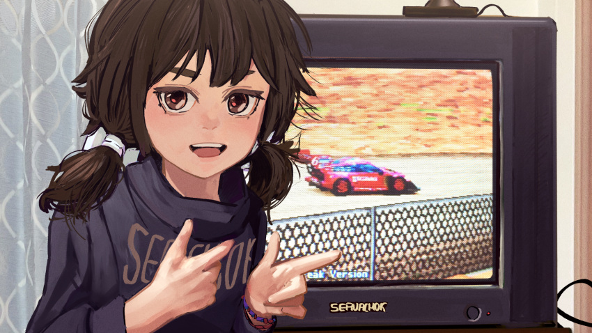 1girl, bracelet, brown_eyes, brown_hair, commentary_request, crt, finger_gun, hair_tie