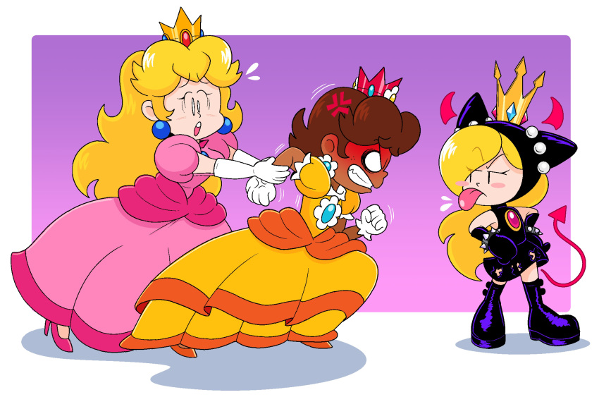3girls, absurdres, anger_vein, angry, animal_ears, aqua_gemstone, black_dress, black_footwear