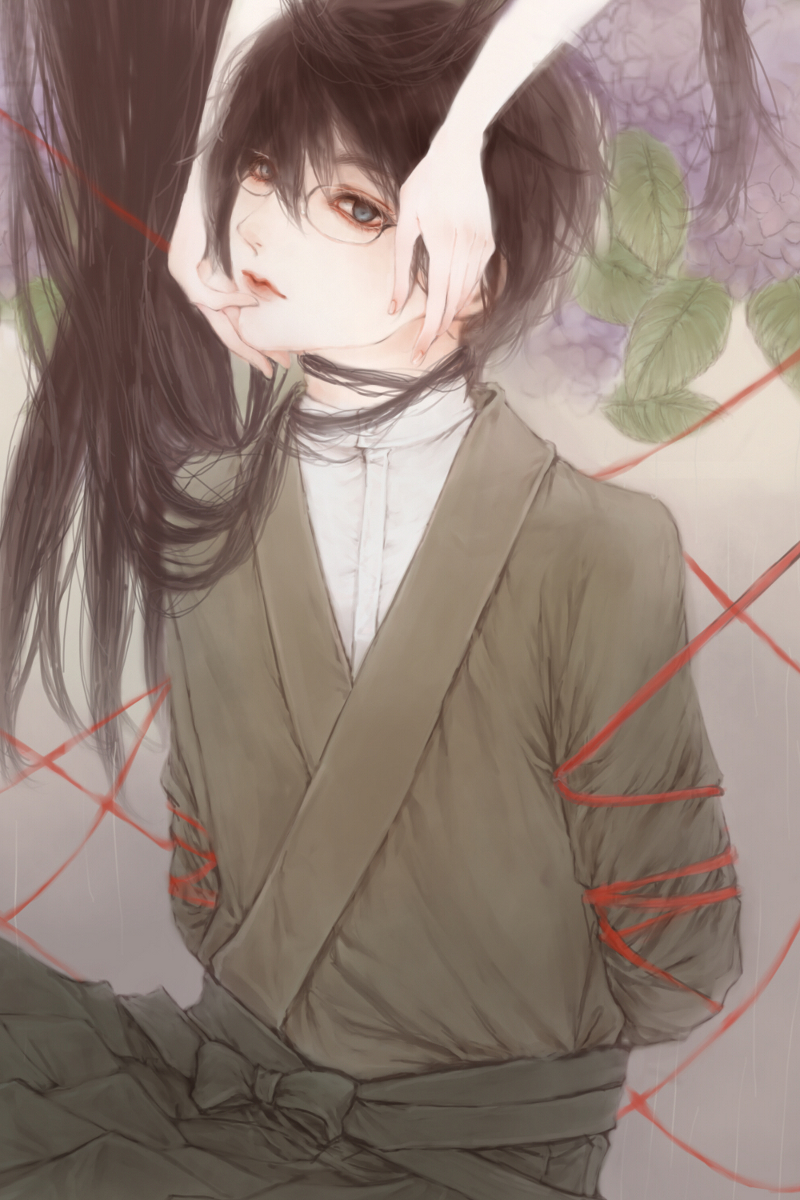 brown_hair, flower, glasses, hands, highres, itoshiki_nozomu, japanese_clothes, kimono