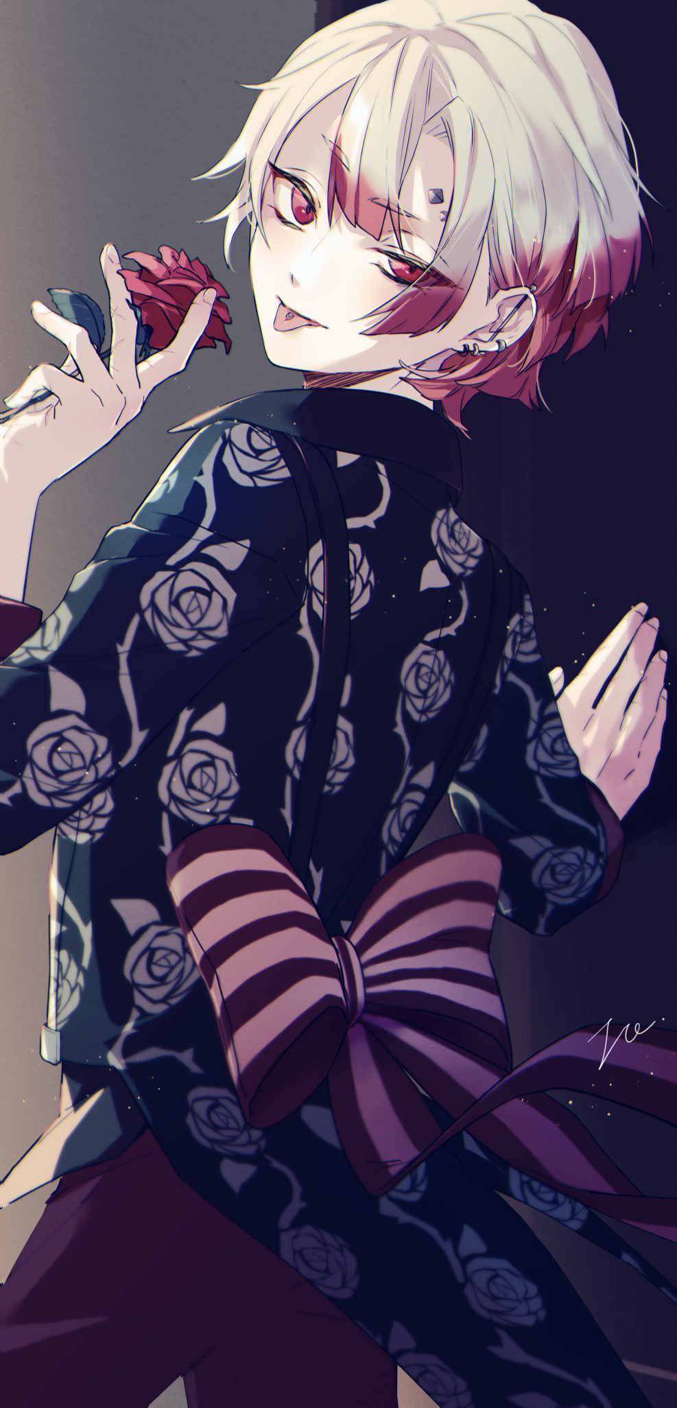1boy, akuma_shitsuji_to_kuroi_neko, ammon_lead, black_shirt, earrings, farico, floral_print_shirt, flower
