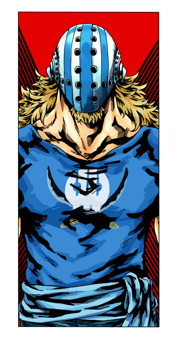 1boy, blonde_hair, blue_shirt, collarbone, commentary_request, facial_hair, facial_hair_through_mask, goatee, hockey_mask, killer_(one_piece), long_hair, male_focus, mask, one_piece, ooi_thisway, shirt, short_sleeves, solo