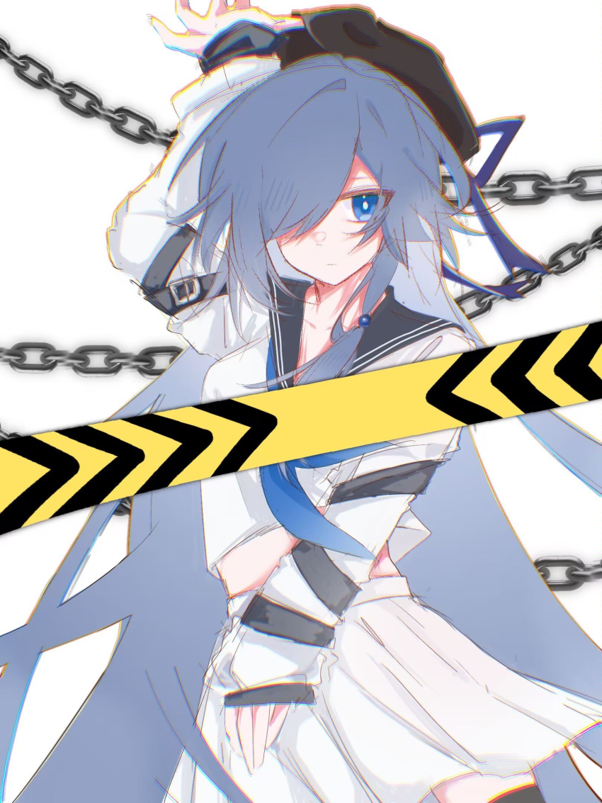 1girl, alternate_costume, black_headwear, black_thighhighs, blue_hair, chain, closed_mouth, fu_hua