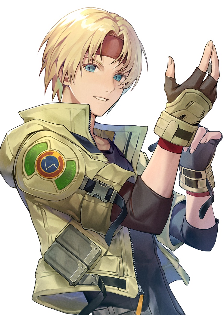 1boy, black_gloves, blonde_hair, blue_eyes, claude_kenni, fingerless_gloves, gloves, headband