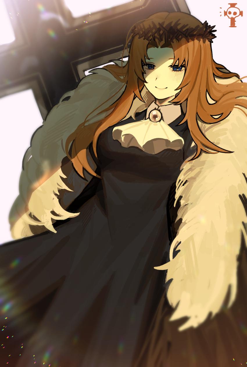 1girl, absurdres, alternate_costume, ascot, bad_id, bad_pixiv_id, black_dress, blue_eyes, brooch, brown_hair, cape, closed_mouth, collared_dress, cowboy_shot, cross, crown_of_thorns, dress, e.g.o_(project_moon), fur_cape, highres, jewelry, limbus_company, lobotomy_corporation, long_hair, looking_at_viewer, one_sin_and_hundreds_of_good_deeds, parted_bangs, project_moon, rodion_(project_moon), simple_background, smile, solo, tt_921780, white_ascot, white_background, white_cape
