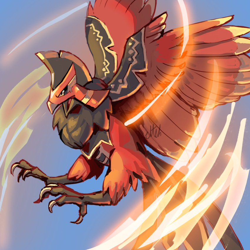 animal_focus, beak, bird, bird_tail, bird_wings, black_feathers, claws, commentary, eltehh, english_commentary, faleris, feathers, fire, highres, no_humans, pal_(creature), palworld, pyrokinesis, red_feathers, signature, tail, wings, yellow_eyes