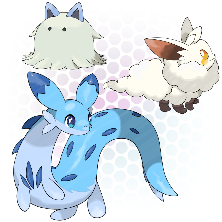 absurdres, animal_ears, animal_focus, blue_eyes, blue_fur, chillet, commentary, cremis, english_commentary, fluffy, highres, madzygardecore, no_humans, pal_(creature), palworld, sugimori_ken_(style), swee, tail, white_fur, yellow_eyes