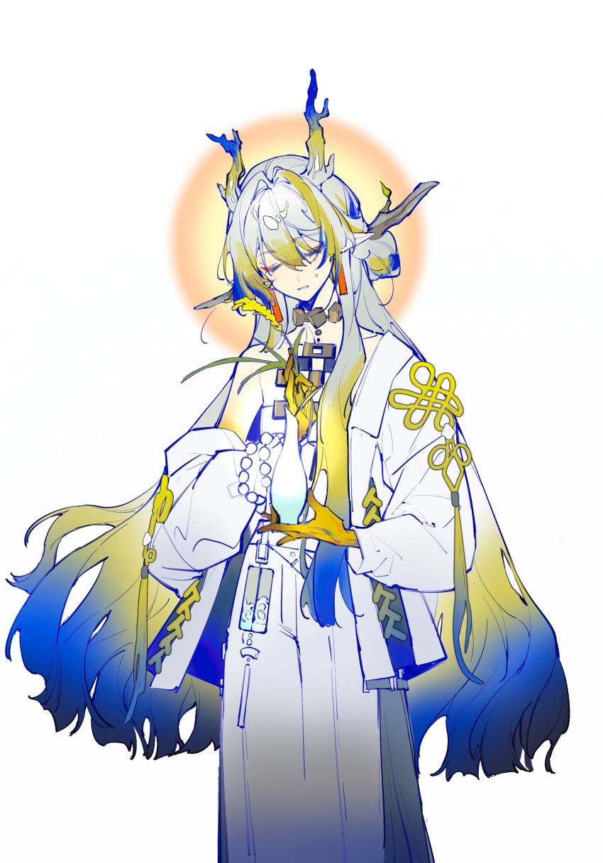 1girl, absurdres, arknights, bare_shoulders, blue_hair, bracelet, branch, closed_eyes, collarbone, colored_skin, dragon_girl, dragon_horns, dun_de_xue_yanjiusheng, eyeliner, facing_viewer, feet_out_of_frame, green_hair, grey_hair, hair_between_eyes, hair_intakes, hair_ornament, hair_stick, head_tilt, highres, holding, holding_plant, holding_vase, horns, jacket, jewelry, long_hair, long_sleeves, makeup, multicolored_hair, necklace, off_shoulder, open_clothes, open_jacket, pants, parted_lips, plant, red_eyeliner, rice_(plant), shirt, shu_(arknights), sidelocks, simple_background, solo, strapless, strapless_shirt, streaked_hair, teeth, very_long_hair, white_background, white_jacket, white_pants, white_shirt