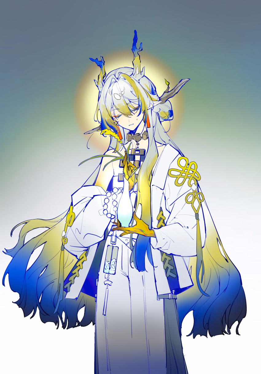 1girl, absurdres, arknights, bare_shoulders, blue_background, blue_hair, bracelet, branch, closed_eyes, collarbone, colored_skin, dragon_girl, dragon_horns, dun_de_xue_yanjiusheng, eyeliner, facing_viewer, feet_out_of_frame, green_hair, grey_hair, hair_between_eyes, hair_intakes, hair_ornament, hair_stick, head_tilt, highres, holding, holding_plant, holding_vase, horns, jacket, jewelry, long_hair, long_sleeves, makeup, multicolored_hair, necklace, off_shoulder, open_clothes, open_jacket, pants, parted_lips, plant, red_eyeliner, rice_(plant), shirt, shu_(arknights), sidelocks, simple_background, solo, strapless, strapless_shirt, streaked_hair, teeth, very_long_hair, white_jacket, white_pants, white_shirt