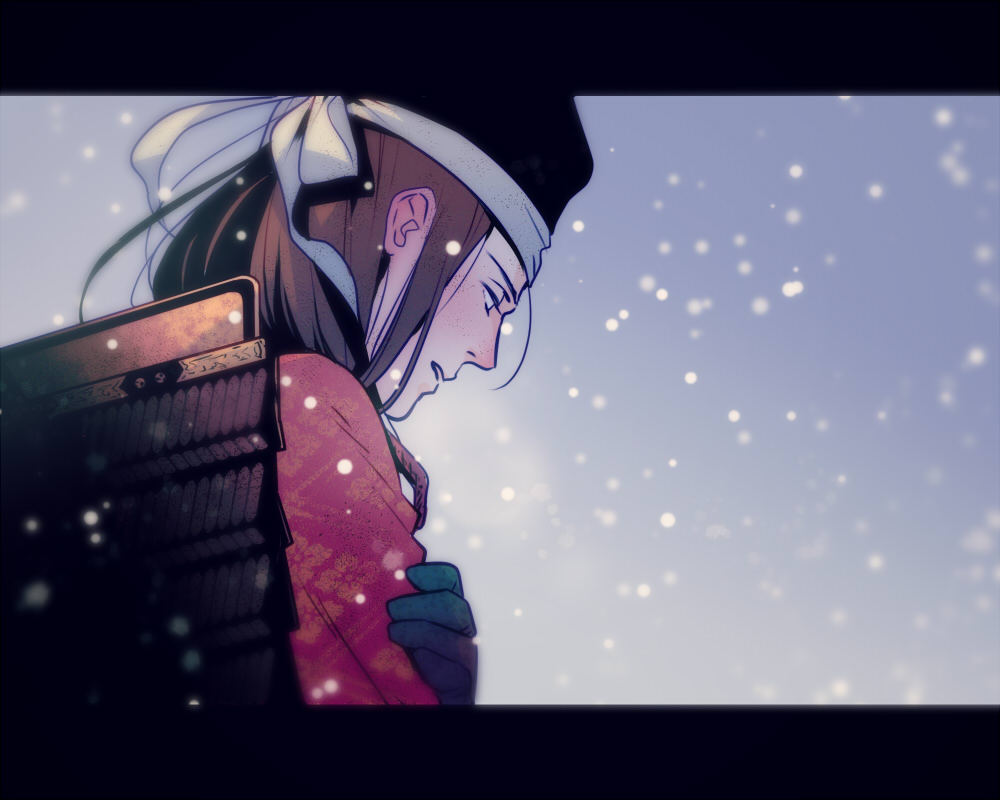1boy, akatsuki_wo_tsugu, armor, black_headwear, brown_hair, cold, from_side, galadecaras