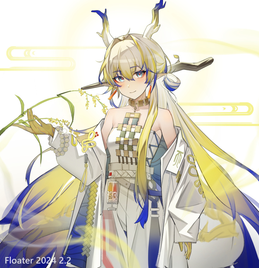 1girl, absurdres, arknights, arm_at_side, artist_name, bare_shoulders, blue_eyes, blue_hair