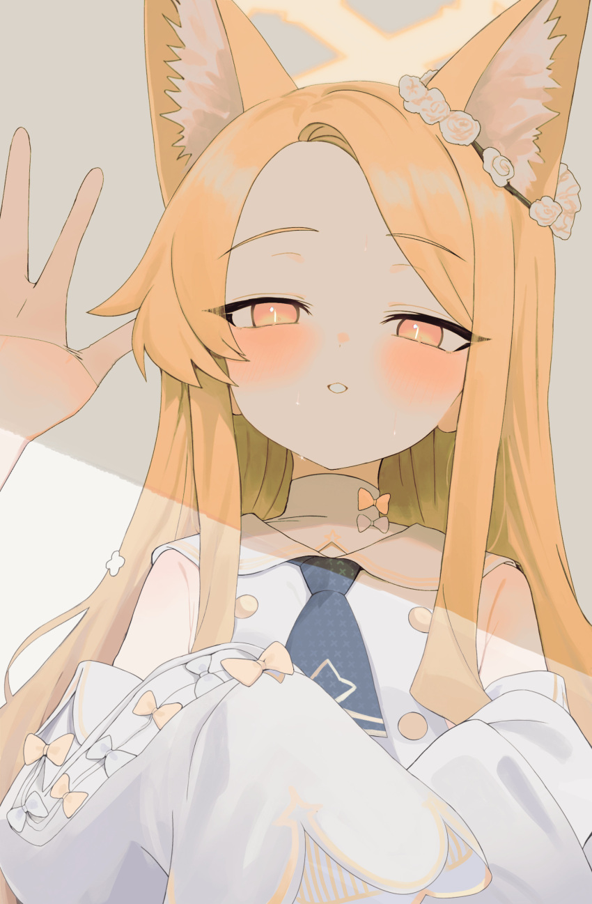 1girl, 1other, animal_ear_fluff, animal_ears, bare_shoulders, blonde_hair, blue_archive, blush
