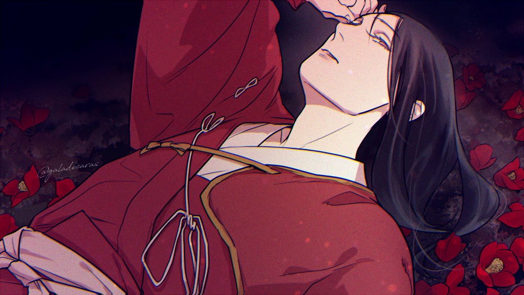 1boy, akatsuki_wo_tsugu, androgynous, black_hair, brown_eyes, camellia, chromatic_aberration, fingernails