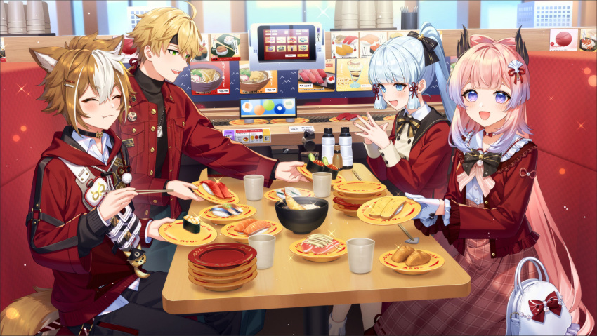 2boys, 2girls, alternate_costume, animal_ears, blonde_hair, blue_eyes, blue_hair, blunt_bangs