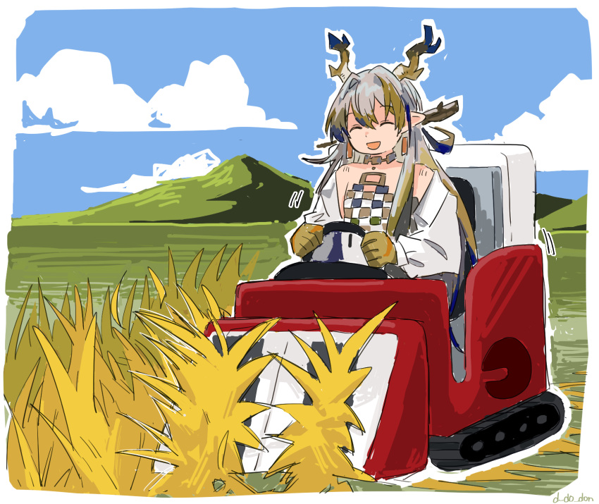 1girl, :d, arknights, bare_shoulders, blue_hair, blue_sky, border, closed_eyes, clouds, colored_skin, combine_harvester, day, donki_(yeah), dot_nose, dragon_girl, dragon_horns, driving, earrings, facing_viewer, field, green_hair, grey_hair, hair_between_eyes, hair_intakes, highres, horns, jacket, jewelry, mountainous_horizon, multicolored_hair, necklace, off_shoulder, open_clothes, open_jacket, open_mouth, outdoors, pointy_ears, rice_(plant), shirt, shu_(arknights), sidelocks, sky, smile, solo, strapless, strapless_shirt, streaked_hair, tassel, tassel_earrings, twitter_username, upper_body, white_border, white_jacket, white_shirt