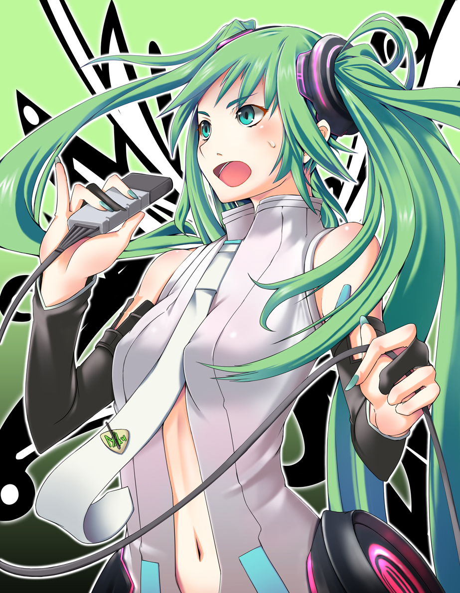 green_eyes, green_hair, hatsune_miku, hatsune_miku_(append), long_hair, microphone, miku_append, navel