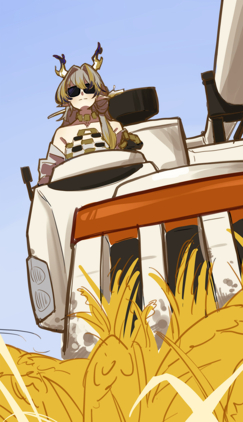 1girl, :|, absurdres, arknights, arm_at_side, bare_shoulders, blue_sky, blush