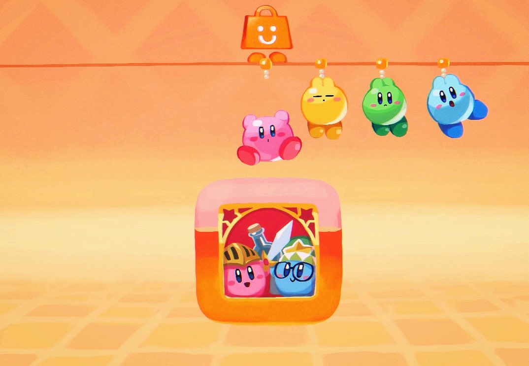 arms_up, bag, blush_stickers, closed_eyes, falling, flask, glasses, helmet, icon_(computing), kirby, kirby_(series), loading_screen, looking_at_viewer, nintendo_eshop, no_humans, open_mouth, orange_background, shopping_bag, suyasuyabi, sword, team_kirby_clash_deluxe, weapon