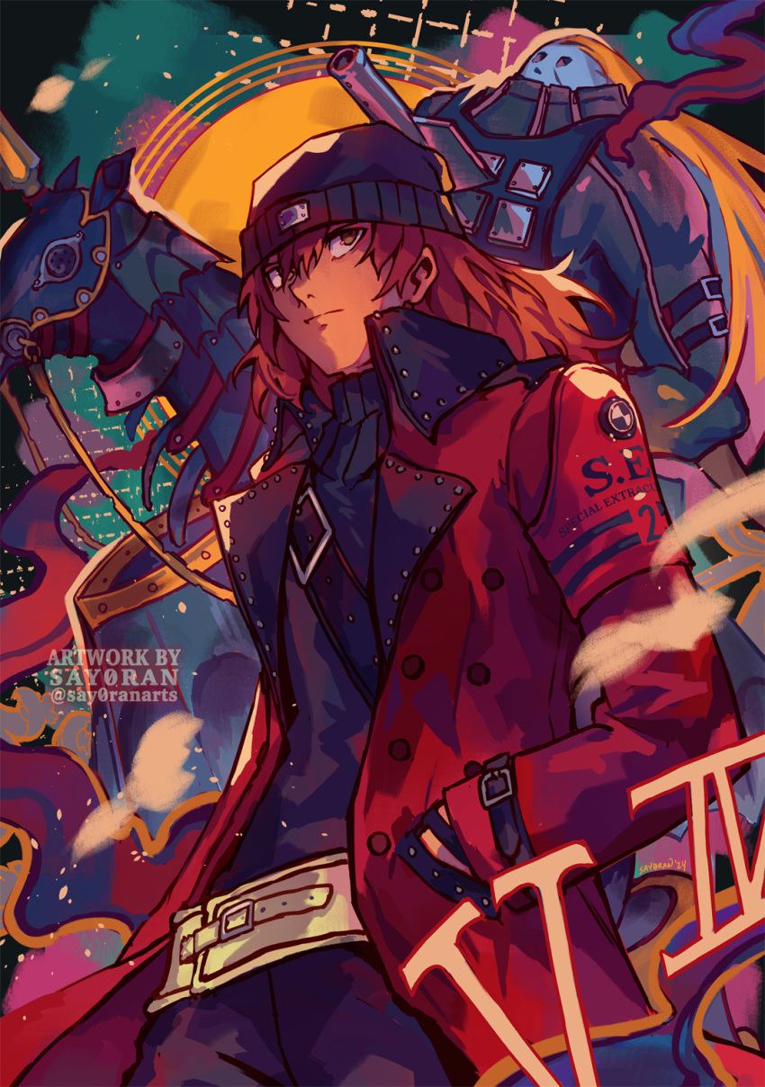 1boy, aragaki_shinjirou, armband, beanie, black_headwear, black_pants, black_sweater, brown_eyes