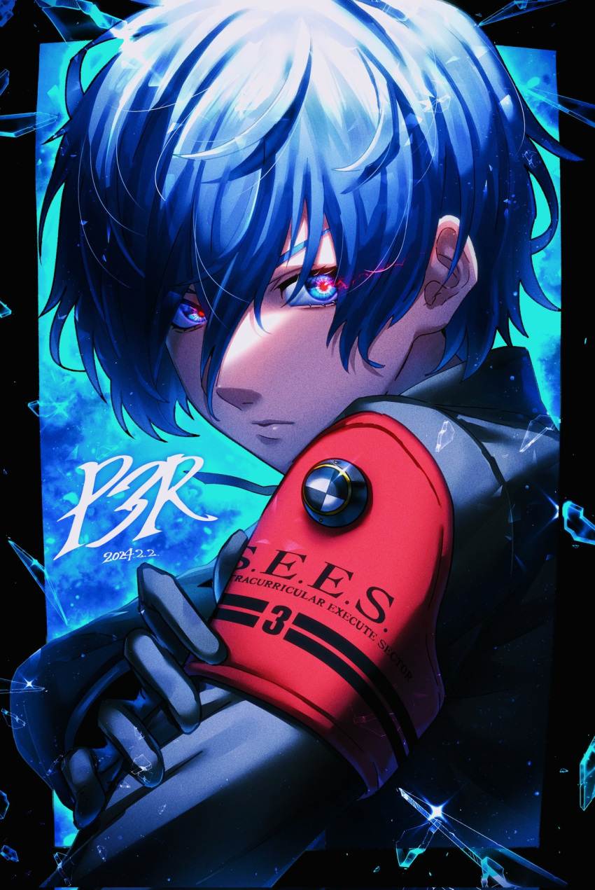 1boy, armband, black_jacket, blue_eyes, blue_hair, closed_mouth, copyright_name, dated