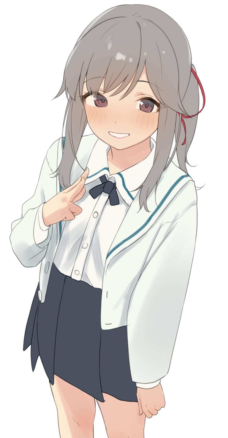 1girl, black_skirt, blush, brown_eyes, grey_hair, hair_ribbon, highres, jacket