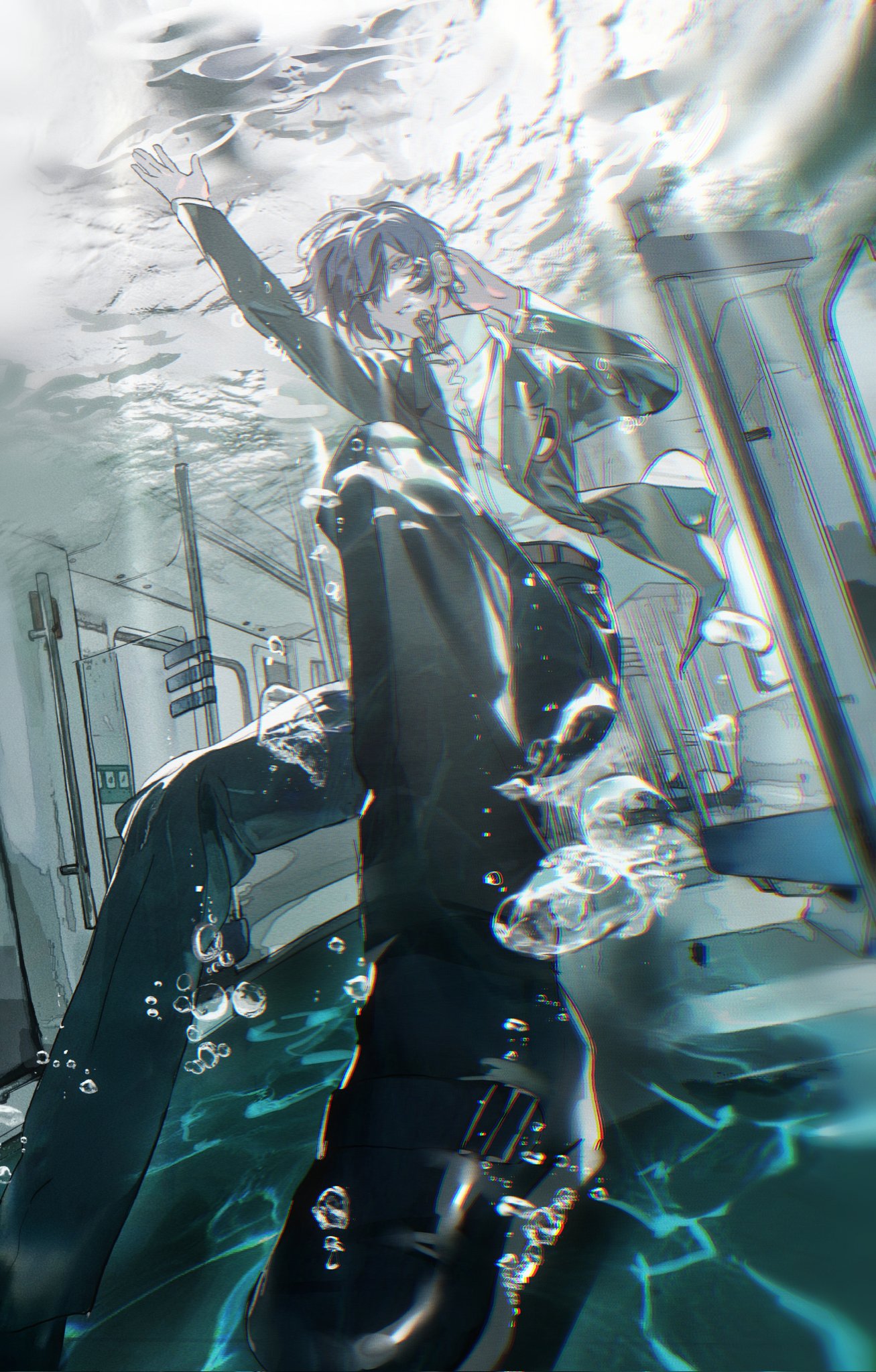 1boy, arm_up, black_footwear, black_pants, blue_hair, bubble, highres, kiyoshi_st