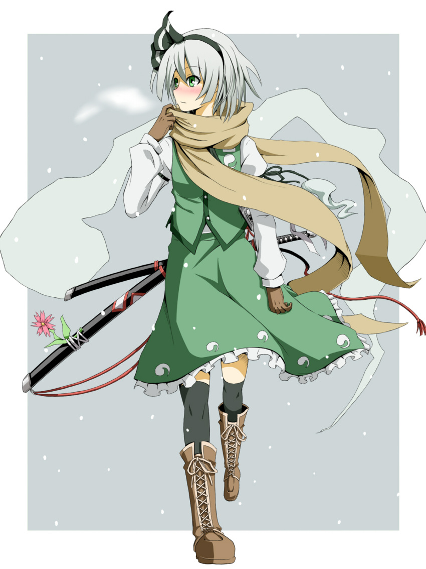 blush, boots, embellished_costume, flask_(artist), flower, frills, ghost, gloves