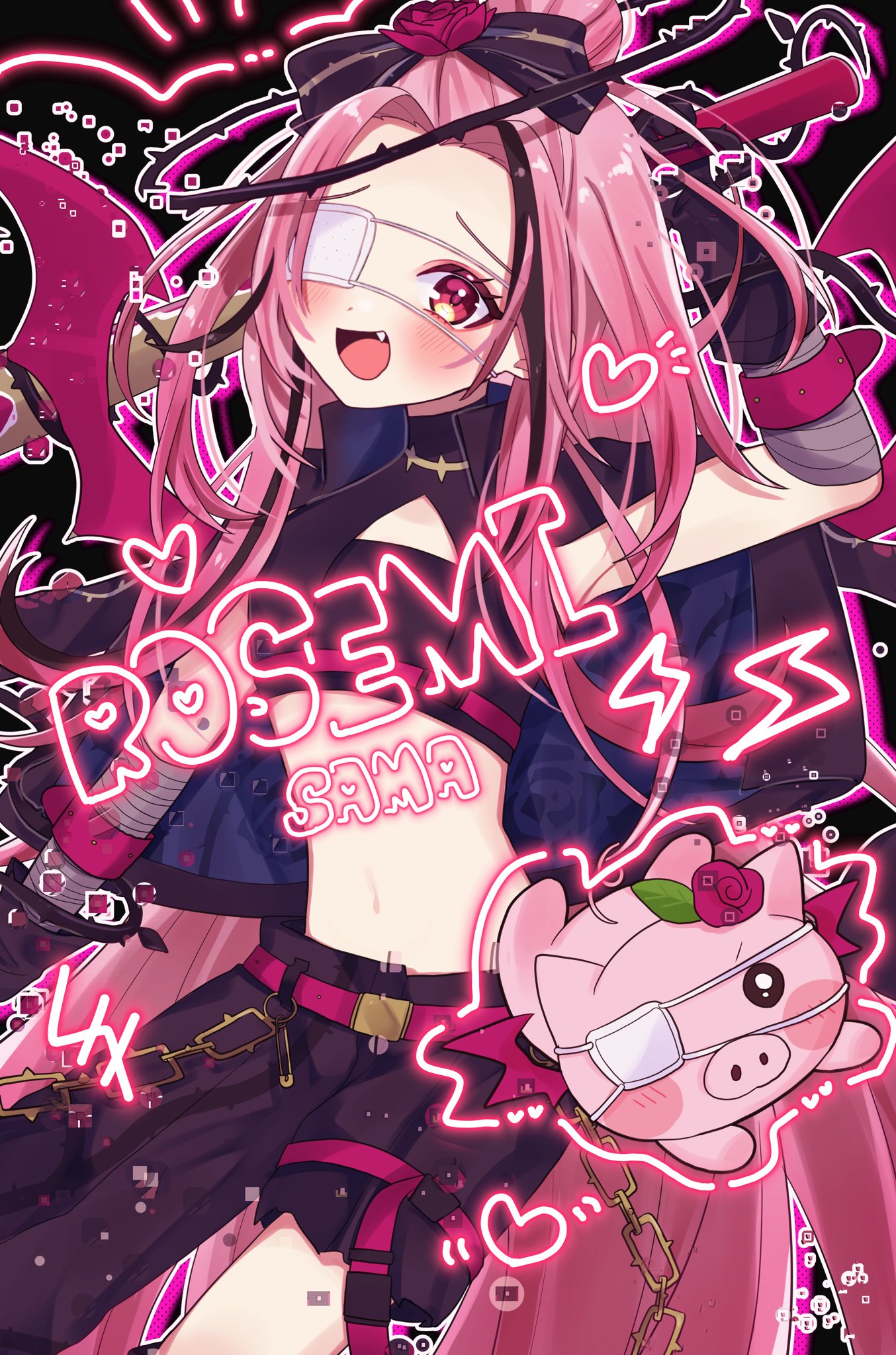 1girl, baseball_bat, black_bow, black_gloves, black_halo, black_pants, black_shirt, bow, character_name, commentary, crop_top, demon_wings, eyepatch, fang, flower, gloves, hair_bow, halo, heart, highres, holding, holding_baseball_bat, iidaaaa, long_hair, medical_eyepatch, nijisanji, nijisanji_en, open_mouth, pants, pink_flower, pink_hair, pink_rose, pink_wings, red_eyes, rose, rosebud_(rosemi_lovelock), rosemi_lovelock, rosemi_lovelock_(4th_costume), shirt, smile, solo, symbol-only_commentary, very_long_hair, virtual_youtuber, wings