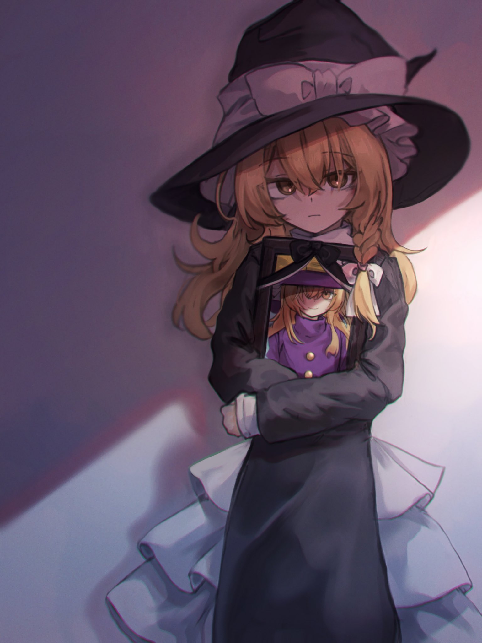 1girl, against_wall, alternate_costume, black_bow, black_dress, black_headwear, blonde_hair, bow